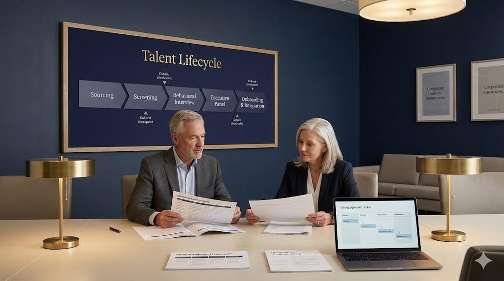 HR leadership team mapping cultural due diligence checkpoints across sourcing, interviewing, and onboarding stages in a structured talent strategy session.