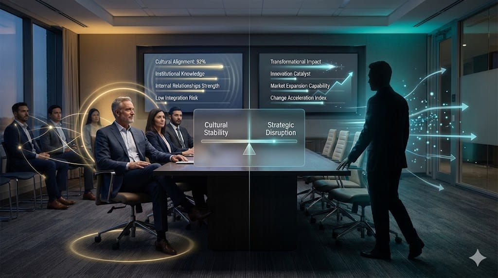 Executive leadership team evaluating cultural fit between an internal candidate and an external strategic hire using dynamic comparison dashboards.