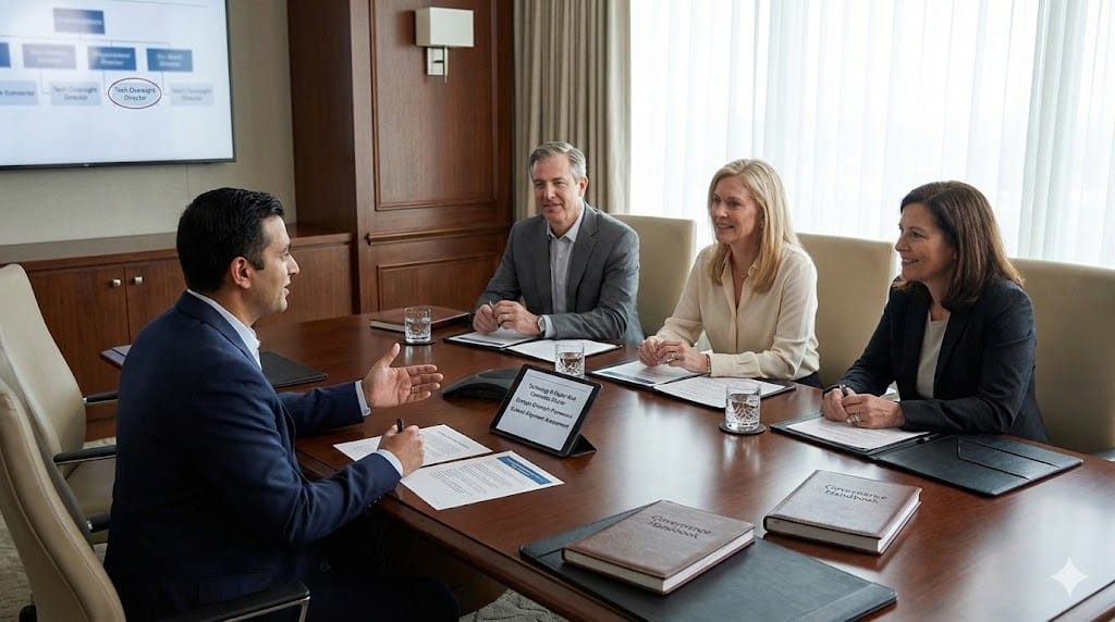 Board candidate interview assessing cultural fit for technology oversight role—experienced tech executive discussing governance approach and strategic alignment during confidential director search committee meeting. 