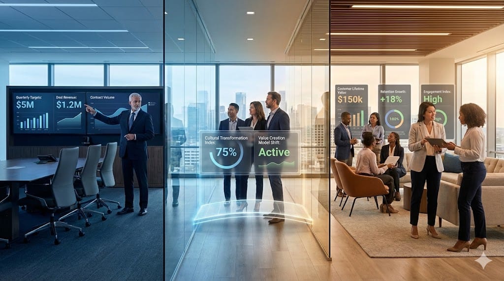 Business leaders transitioning from transactional sales metrics to relationship-driven customer engagement strategy in a modern corporate environment.