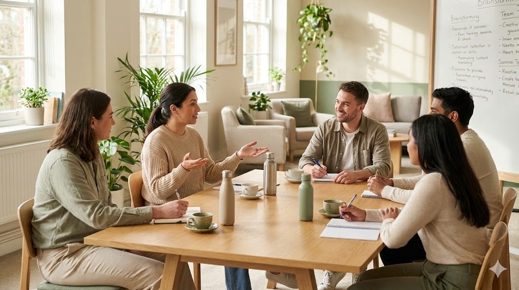 Diverse team collaborating in a bright, plant-filled workspace with natural daylight, illustrating a culture of well-being, trust, and strategic empowerment in the workplace.