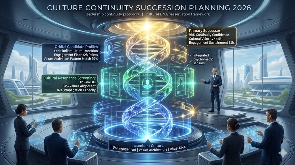 Board-level succession planning ensuring cultural continuity—successor alignment matrix mapping leadership candidates to organizational values, engagement baselines, and cultural propagation capabilities for seamless enterprise transition.