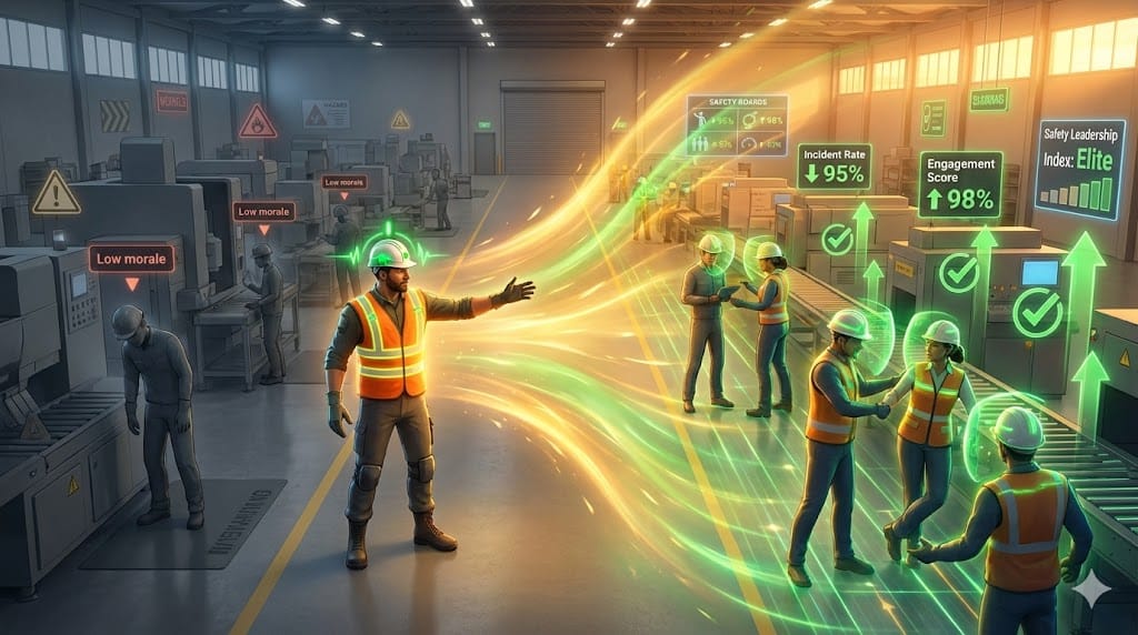 Industrial safety leader guiding workforce culture transformation with dynamic safety visuals and animated performance indicators in a modern factory.