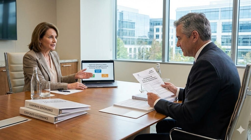 Corporate recruiter interviewing cybersecurity expert for independent director role—former CISO reviewing board governance framework emphasizing digital risk oversight and technology strategy alignment during executive search process.