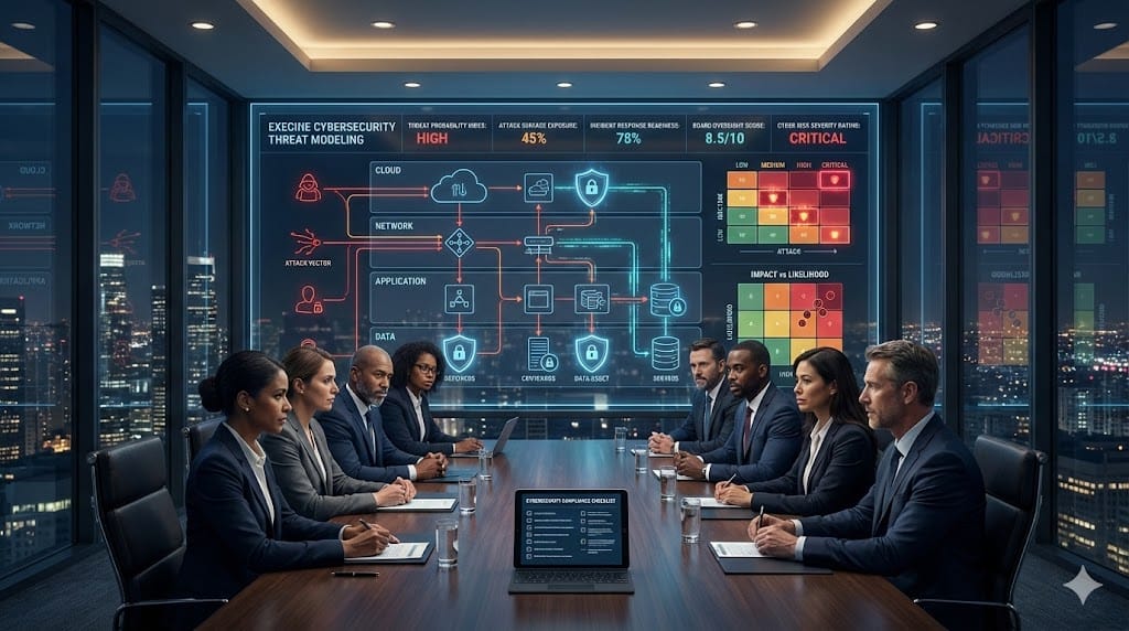 Corporate board reviewing cybersecurity threat modeling dashboard with digital risk heatmaps, attack vectors, and governance oversight metrics displayed on a secure control screen.