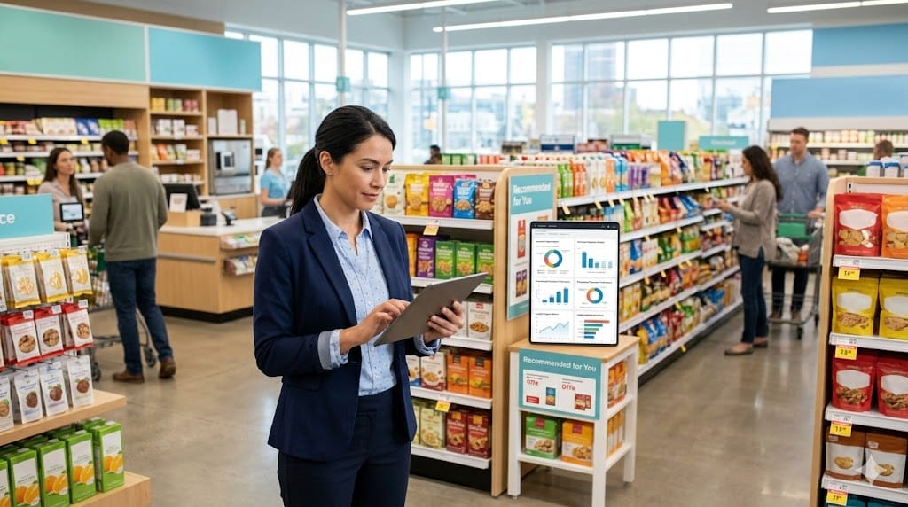 Retail executive analyzing customer personalization insights on a tablet while standing in a modern grocery store aisle with shoppers in the background.