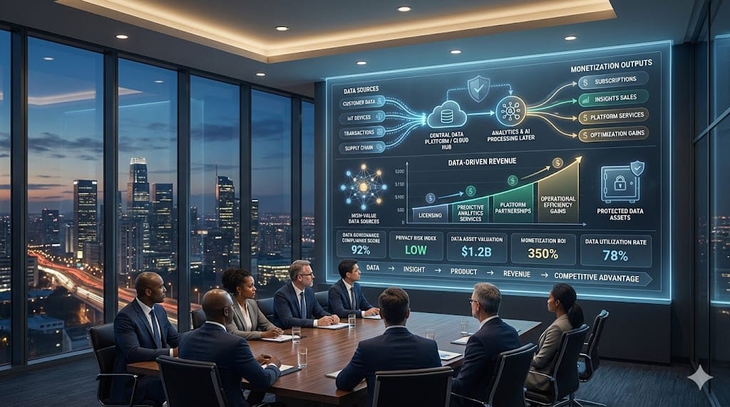 Executive board reviewing data monetization strategy dashboard with revenue streams, data flow visualization, analytics metrics, and governance controls displayed on a large digital screen.