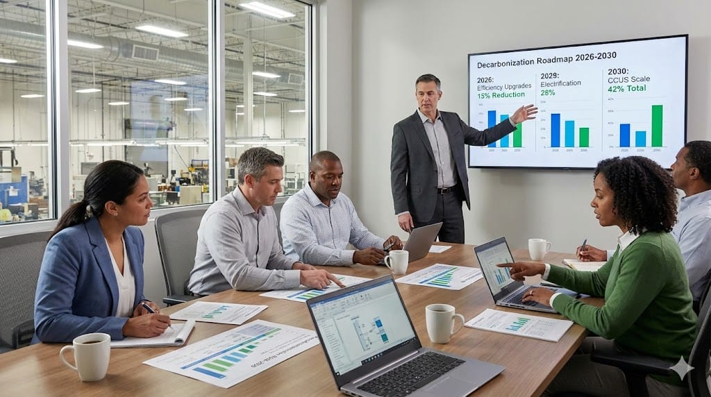 Manufacturing executive presenting decarbonization roadmap to leadership team in conference room—timeline showing energy efficiency upgrades, electrification projects, and CCUS implementation achieving 42% emissions reduction by 2030 .