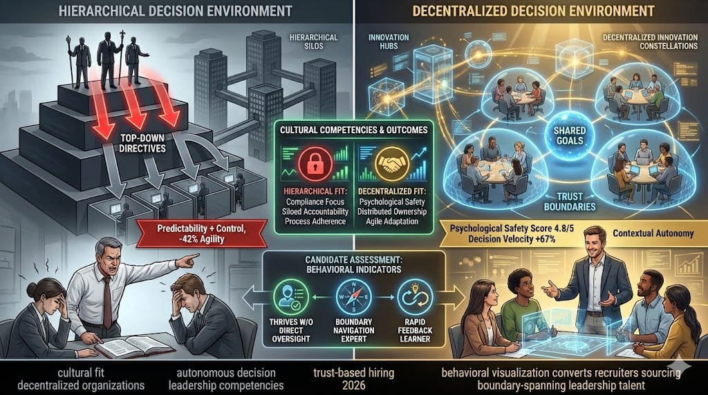Decentralized organization cultural fit assessment—executives thriving in autonomous decision environments vs hierarchical command structures, trust-based leadership competencies for 2026 networked organizations "Cultural Fit for Decentralized Decision Environments