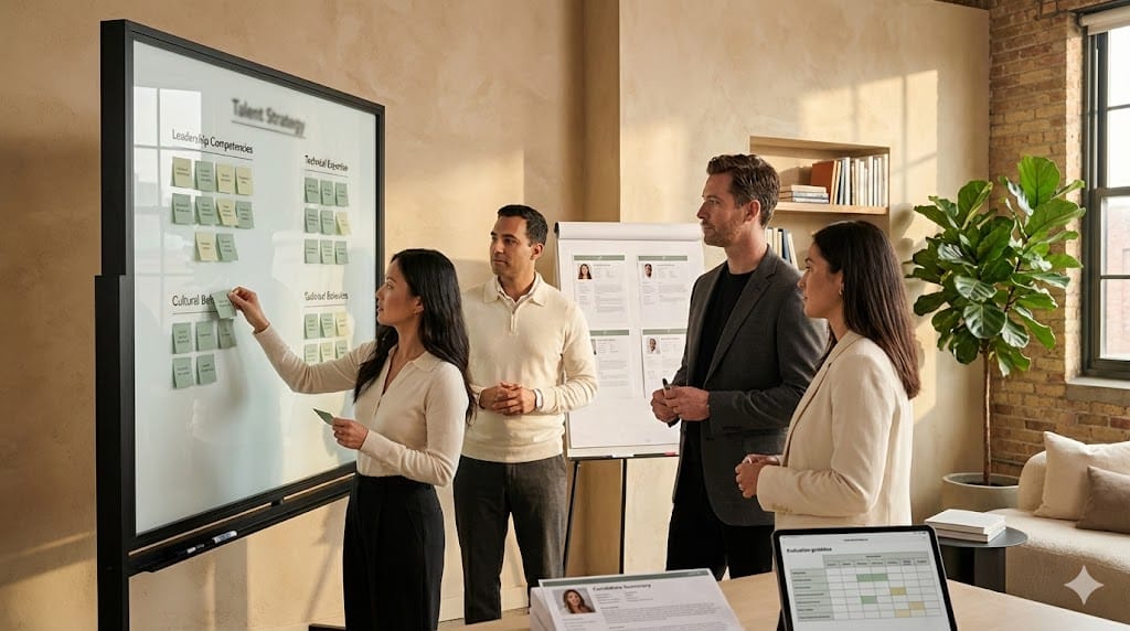 HR leaders and executives collaboratively defining key competencies and cultural attributes using structured evaluation boards in a modern workspace.