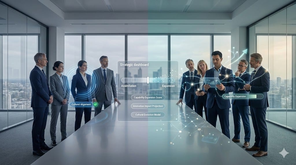 Executive leadership team evaluating cultural add versus assimilation strategy with animated expansion pathways and integration indicators in a modern boardroom.