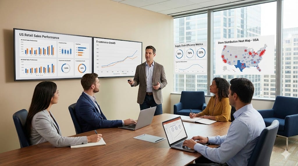 Digital transformation executive leading a strategy session in a U.S. food and beverage headquarters, reviewing retail analytics and omnichannel performance metrics on large presentation screens.