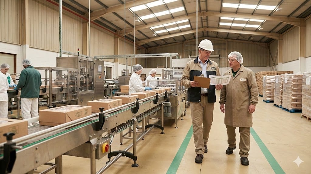 Food manufacturing operations leader walking the production floor of a large-scale facility while observing automated packaging lines and supervising plant supervisors.