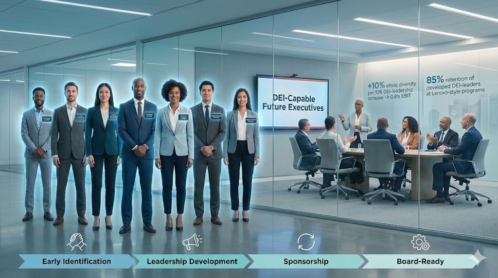  Multi‑ethnic group of mid‑level leaders forming a “bench” onstage beneath a modern boardroom, symbolising a pipeline of DEI‑capable future executives ready to step into C‑suite roles by 2026