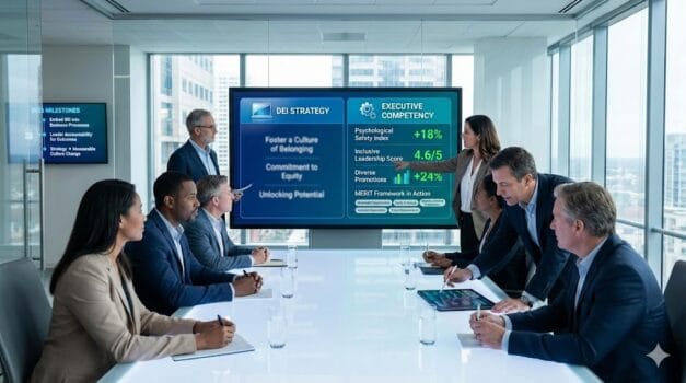 Diverse executive team reviewing DEI dashboard that links strategy to measurable outcomes, highlighting leaders with proven competencies in psychological safety, culture change, and inclusion-driven performance metrics for 2026.