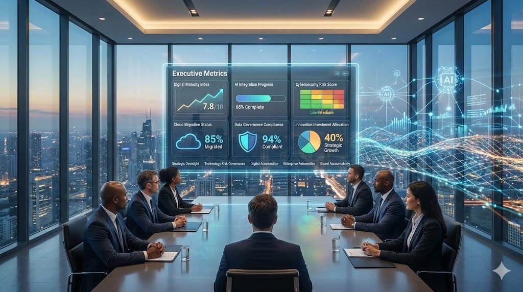 Corporate board of directors reviewing digital transformation strategy as emerging technologies and data streams reshape enterprise governance.