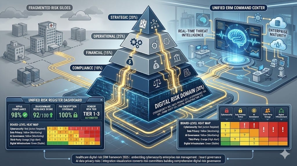  Health system ERM framework embedding digital risk governance—cybersecurity, data privacy, and AI risk integrated into enterprise risk register with board-level oversight, HIPAA compliance metrics, and real-time threat intelligence 2026.