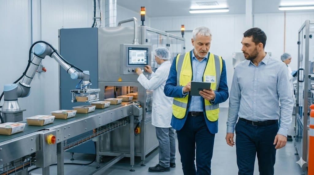 Digital transformation leader walking through a modern food production facility while reviewing real-time operational data on a tablet, symbolizing technology-driven leadership in food manufacturing.