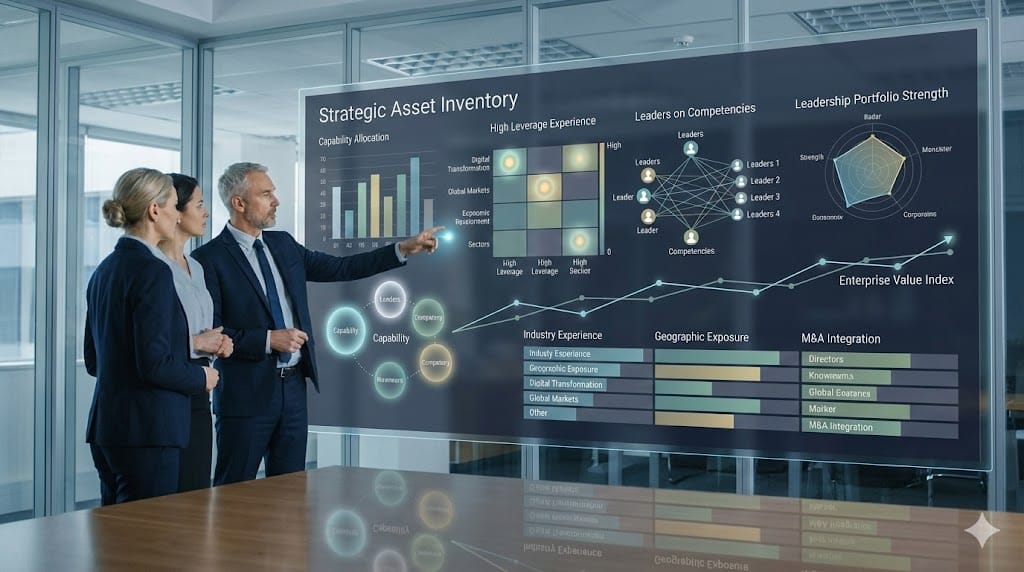 Executive leadership team reviewing a dynamic strategic asset inventory dashboard highlighting diverse experience, industry backgrounds, and capability distribution.