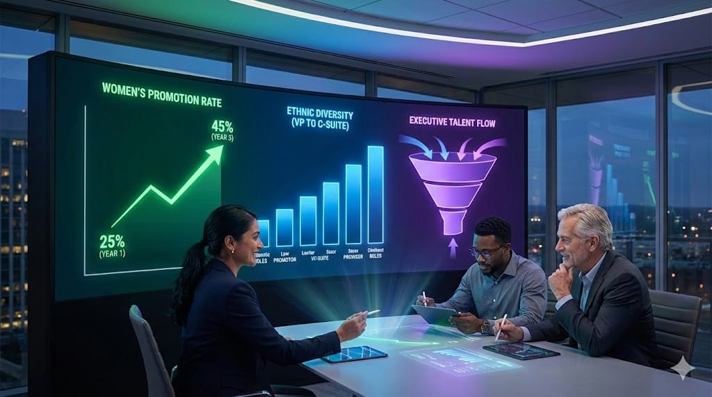 Dynamic corporate dashboard tracking internal diversity progression metrics with rising trend lines for women and underrepresented groups advancing through leadership pipeline levels 