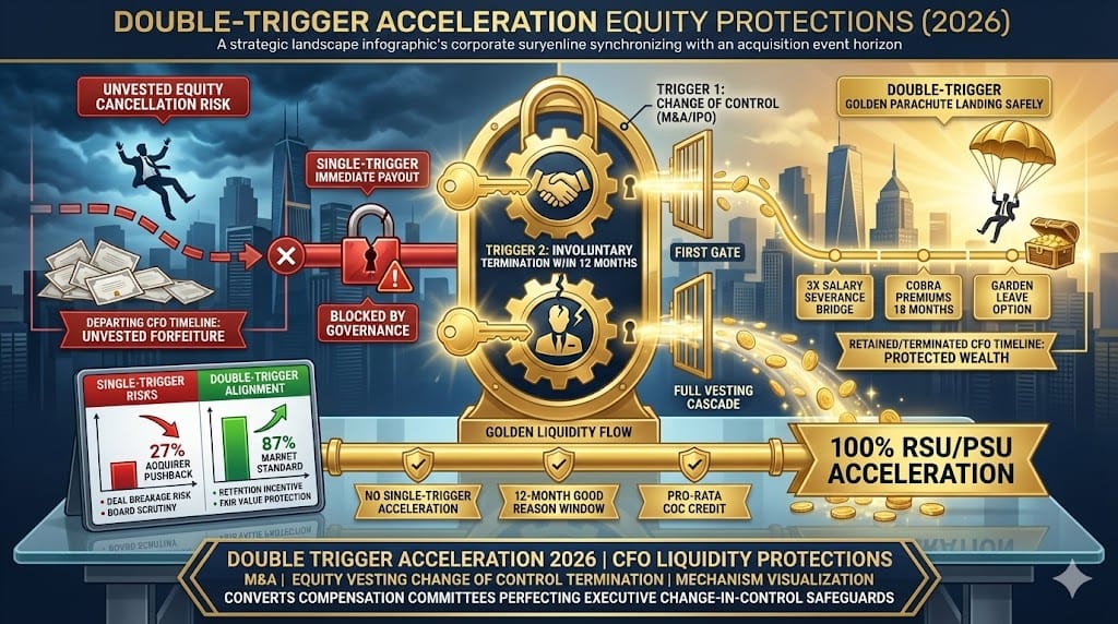 Executive equity liquidity safeguards via double-trigger acceleration—Change of Control + Involuntary Termination unlocks 100% vesting, protecting CFOs from golden parachute risks while balancing shareholder interests 2026 "Liquidity Protections and Double-Trigger Acceleration".