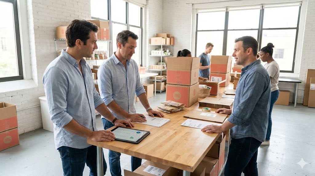 Founder of a direct-to-consumer food brand discussing operational scaling strategy with a newly hired COO inside a modern fulfillment warehouse with branded packaging boxes.
