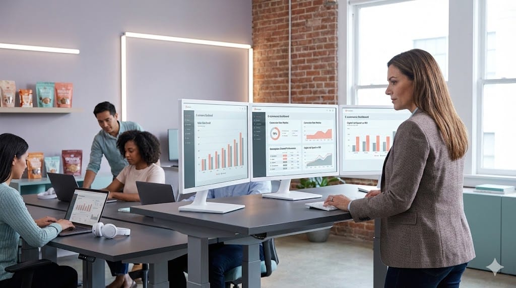 C-level executive overseeing e-commerce growth strategy with real-time online sales analytics and omnichannel coordination inside a modern digital commerce workspace.