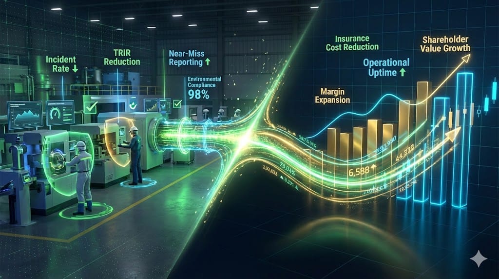 Dynamic visualization connecting EHS performance indicators to financial results with animated data flows in an industrial environment.