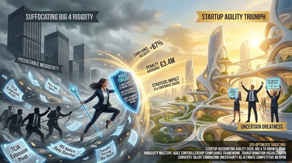 Big 4 accounting talent thriving in startup agility—ex-Big 4 controllers mastering fluid 2026 compliance ambiguity through rapid TCJA iterations Pillar Two pivots transfer pricing sprints rejecting rigid hierarchies for dynamic decision rights equity acceleration "Embracing Ambiguity and Agility".