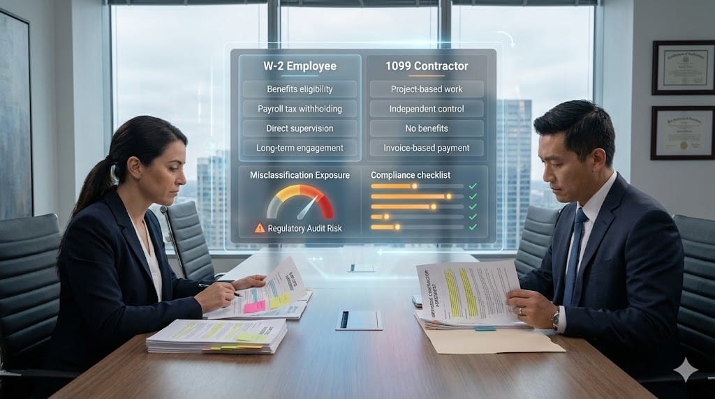 Corporate legal team reviewing worker classification documents with animated compliance dashboard highlighting employee vs contractor misclassification risks.