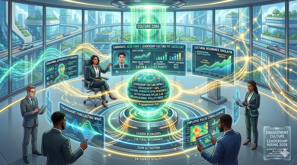 C-suite search panel assessing leadership candidates' proven employee engagement impact and cultural leadership—interactive evaluation scoring authenticity drivers, retention multipliers, and organizational vitality alignment.
