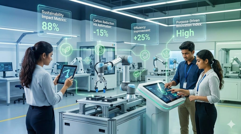 Gen Z professionals collaborating with advanced automation technology in a smart factory focused on purpose-driven innovation and sustainability.