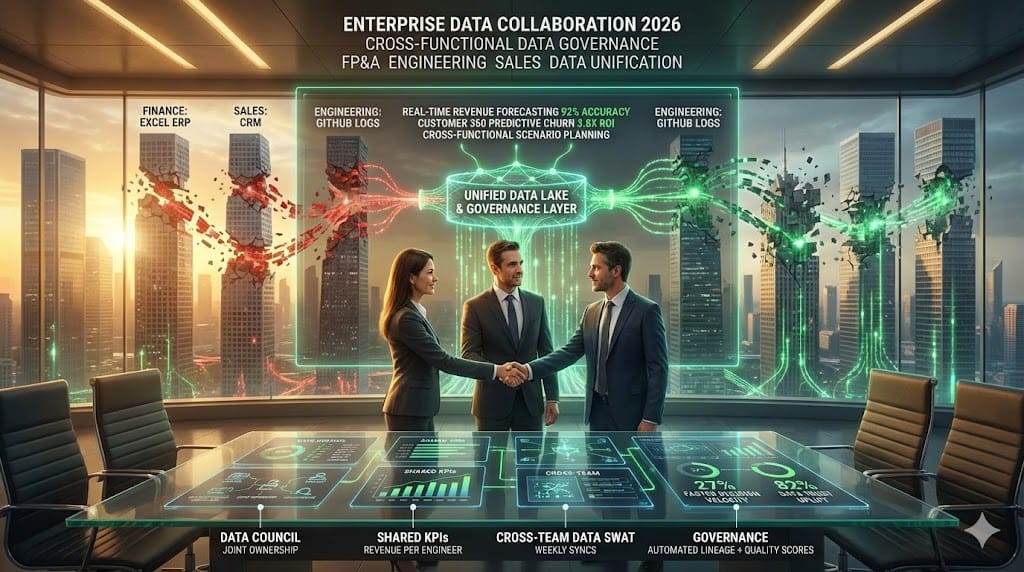 Cross-functional teams breaking enterprise data silos—FP&A engineering sales collaborating through unified data lake governance unlocking real-time insights predictive analytics 2026 "Unlocking Enterprise Data through Cross-Functional Collaboration".