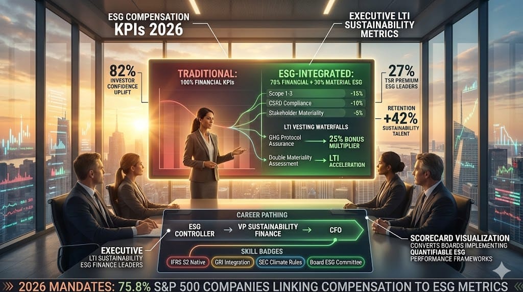 CFO reviewing ESG-integrated executive compensation structure—30% scorecard weight on Scope 1-3 emissions CSRD compliance stakeholder materiality LTI vesting tied to sustainability KPIs 2026 "Integrating ESG Expertise into Compensation, KPIs, and Career Pathing".