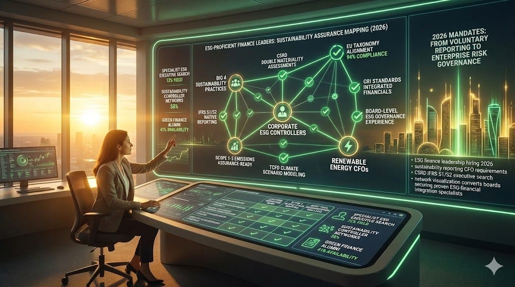Recruiter sourcing finance executives with proven ESG sustainability reporting expertise—CSRD IFRS S1/S2 compliance Scope 1-3 emissions modeling board-level governance for 2026 mandatory disclosures "Sourcing Finance Leaders with ESG and Sustainability Reporting Expertise".