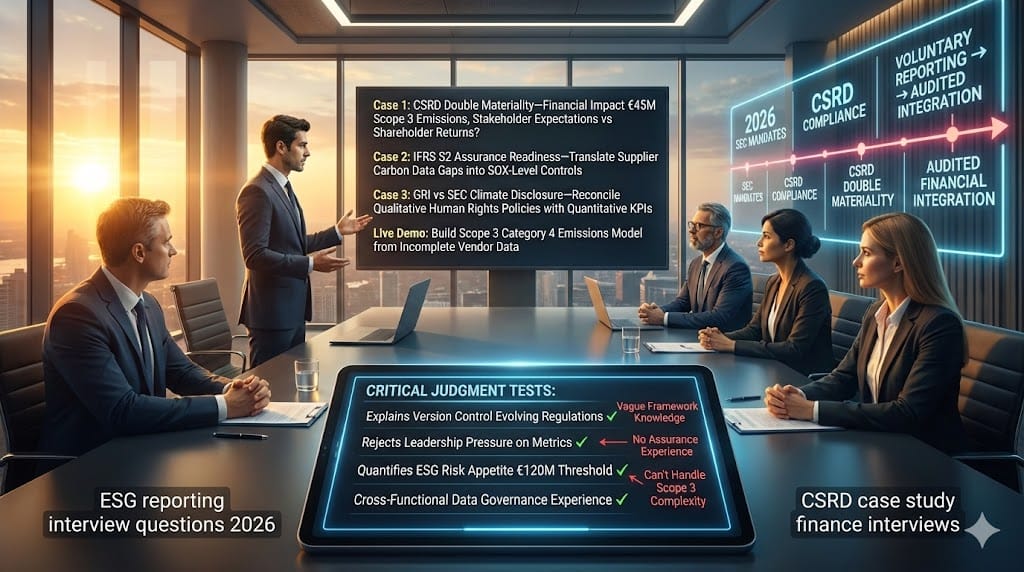 Executive interviewer testing ESG reporting judgment with case study questions on CSRD double materiality Scope 3 emissions assurance SOX-level controls GRI framework application 2026 "Interview and Case Questions to Test ESG Reporting Judgment".