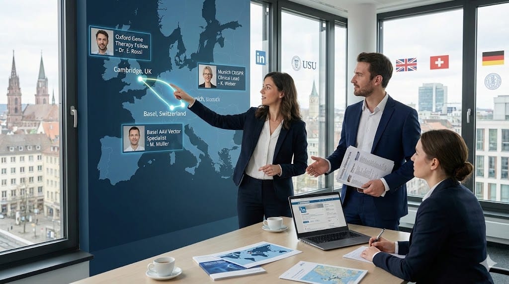 Biotech recruiters strategically sourcing executive talent from Europe's premier hubs—Cambridge UK Oxford, Basel Switzerland, Munich Germany—tapping deep talent pools of gene therapy precision medicine leaders through targeted university pharma partnerships.
