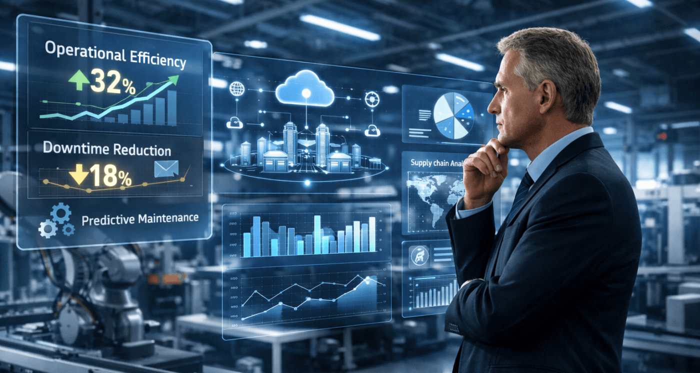 Manufacturing executive reviewing IoT dashboards and industrial data analytics metrics on digital screens inside a smart factory environment.