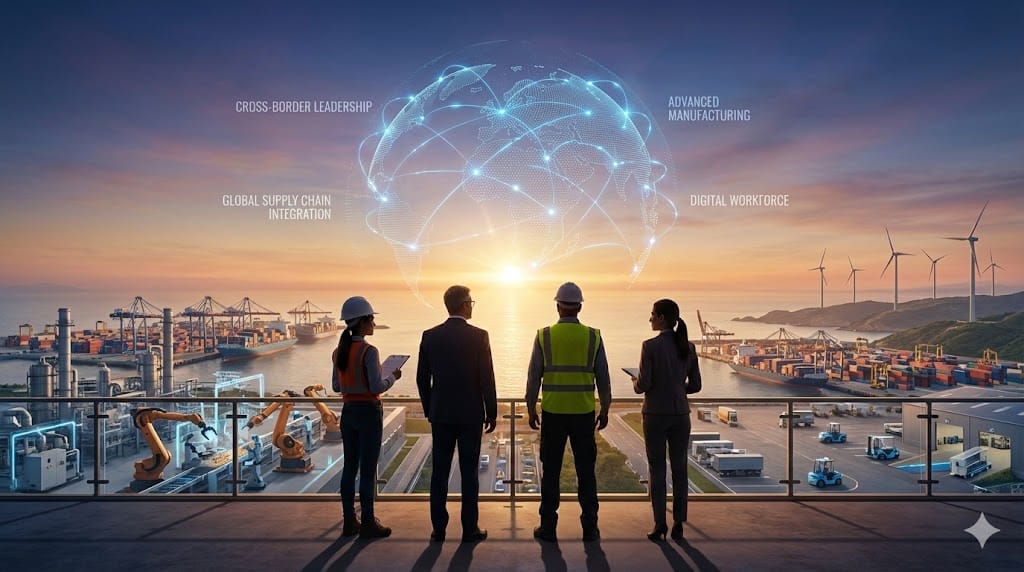 Global industrial workforce connected across continents through digital networks, symbolizing the evolving landscape of international industrial talent.