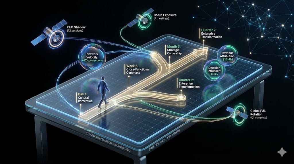 Strategic roadmap accelerating new C-suite leader's impact—integrated coaching, mentorship networks, and high-velocity stretch assignments visualized as dynamic growth trajectory from onboarding to enterprise transformation leadership.