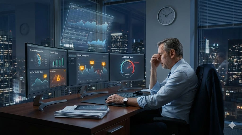 Senior executive in a modern US corporate office reviewing overwhelming performance dashboards late at night, symbolizing executive burnout and sustained leadership pressure.