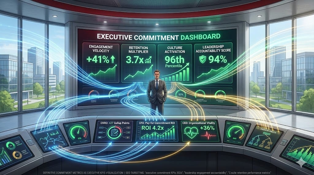 C-suite performance dashboard elevating employee commitment metrics as core executive KPIs—tracking engagement scores, retention velocity, and cultural activation as direct leadership accountability measures.