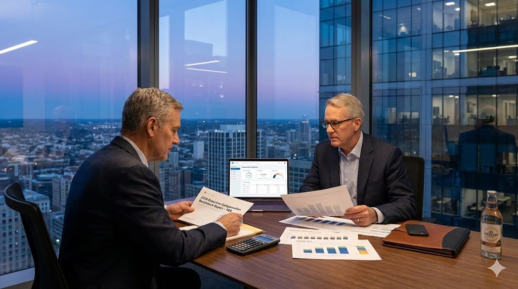 Senior compensation analysts reviewing executive pay benchmark data for the food and beverage industry with city skyline visible at dusk.
