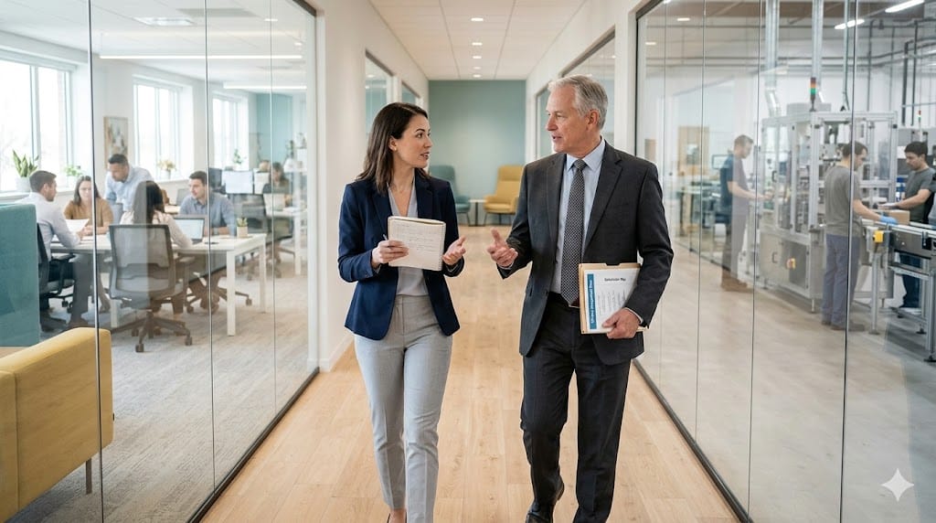 New executive being guided through different operational environments by leadership team, illustrating context-specific onboarding and integration success factors.