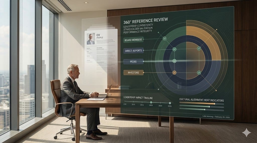 Executive search consultant analyzing multi-layered reference data with natural lighting and dynamic leadership validation visuals beyond a traditional CV.