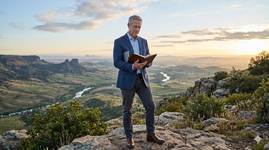 Senior executive standing confidently on a mountain overlook at sunrise, reviewing strategic notes, symbolizing resilience and critical leadership competencies.