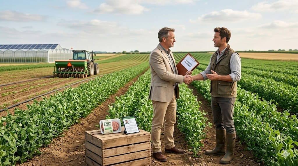 Executive recruiter meeting plant-based food company leader at a sustainable crop farm, symbolizing leadership search in the alternative protein industry.
