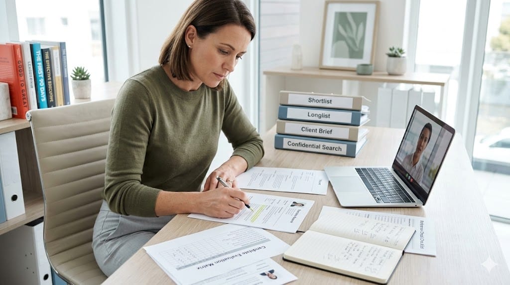 Executive recruiter reviewing candidate profiles and conducting reference checks in a professional office setting, illustrating sourcing and vetting in the executive search process.