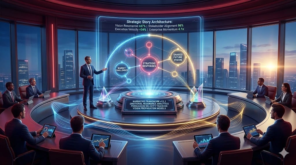 C-suite executive captivating boardroom with compelling strategic storytelling—dynamic presentation weaving data, narrative, and vision into unified enterprise momentum during high-stakes leadership communication