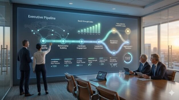 Executive leadership team reviewing a dynamic talent pipeline dashboard showing continuous sourcing stages, candidate flow, and succession readiness metrics.